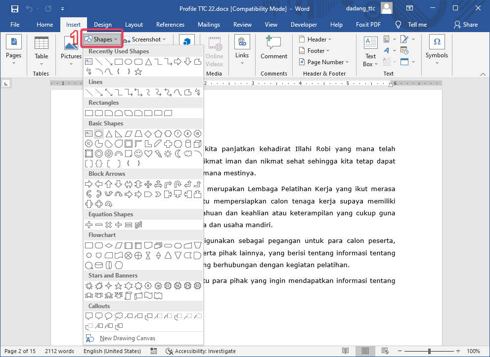 Menu Insert Shapes di Microsoft Word