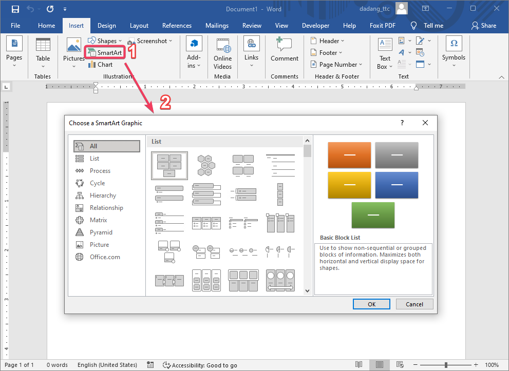 Menu Insert SmartArt di Word