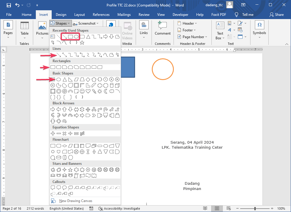 Memilih bentuk panah di daftar Shapes