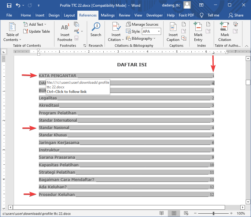 Tampilan daftar isi otomatis