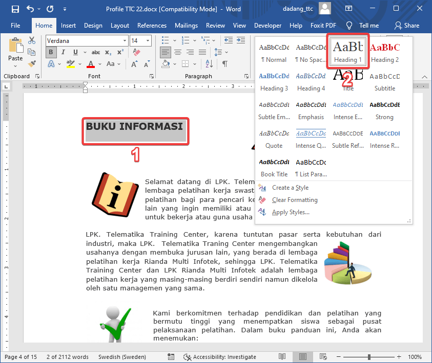 Menerapkan Heading 1