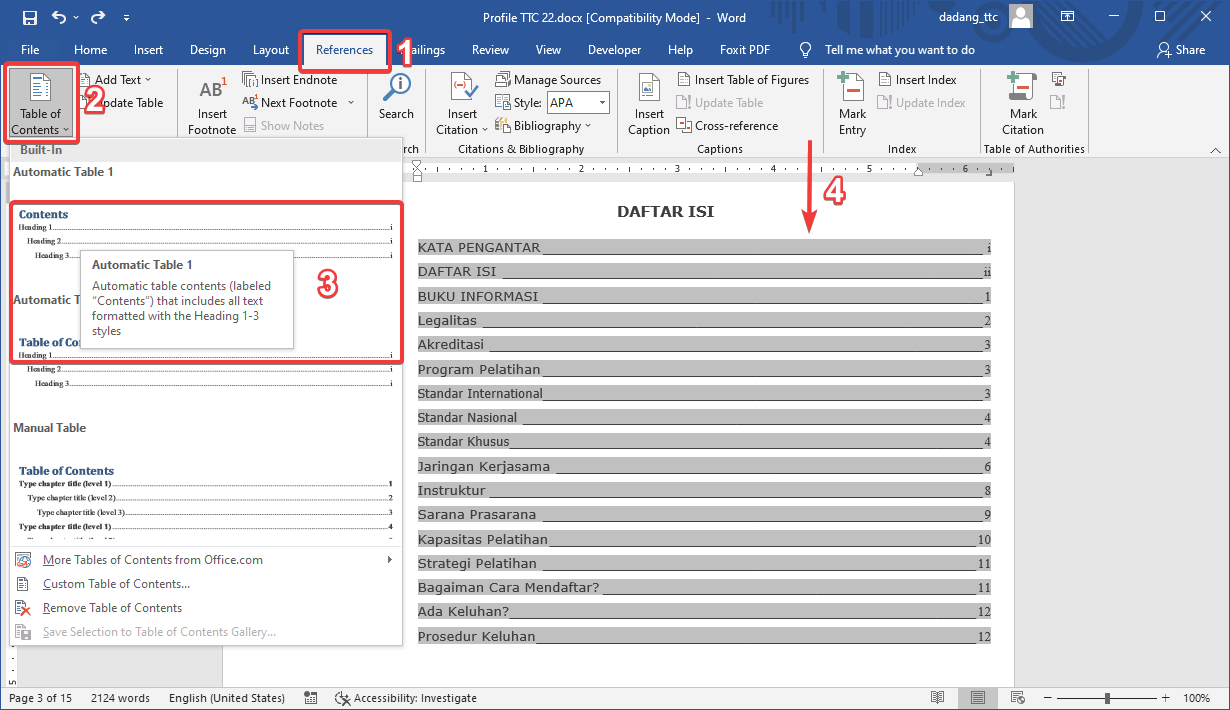 Memasukkan TOC Otomatis