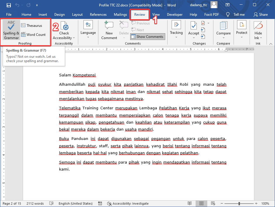 Tab Review di Word