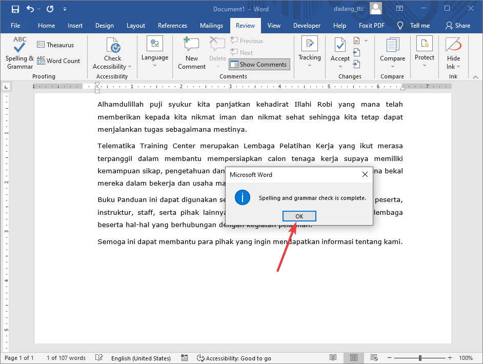 Pengecekan selesai Word