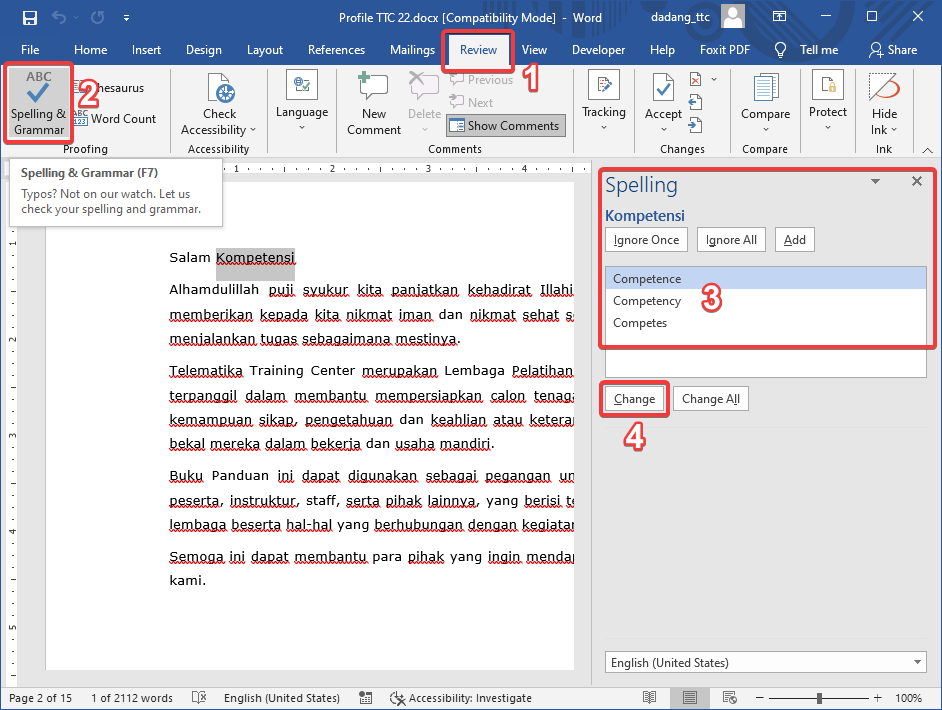 Saran perbaikan kata di Word