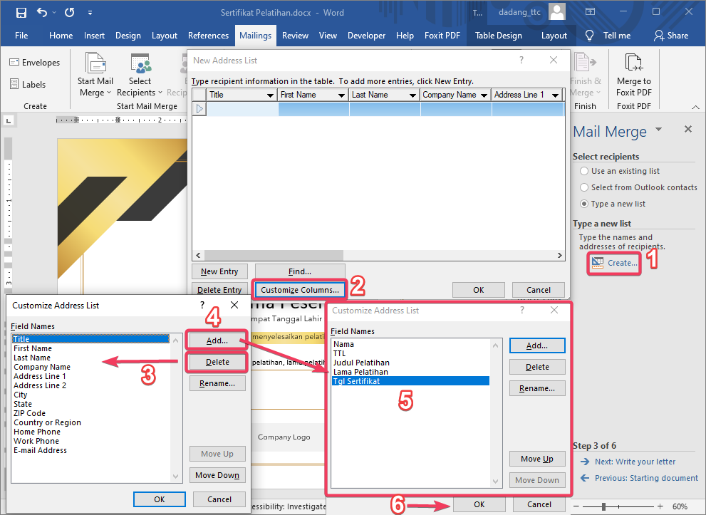 Membuat field penerima di database