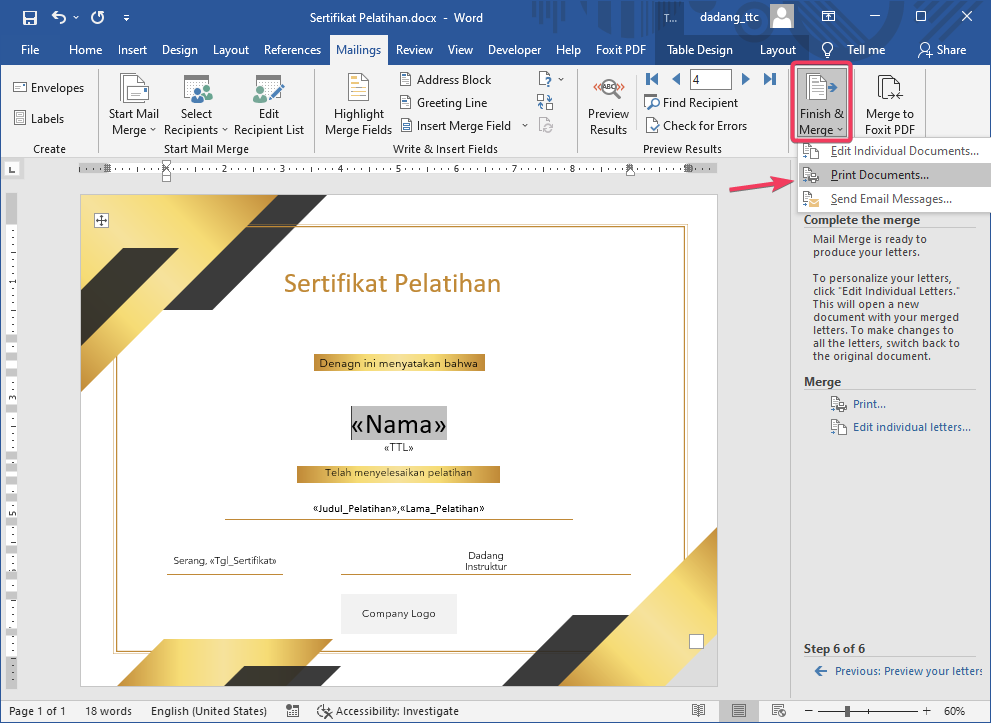 Menyelesaikan dan mencetak Mail Merge
