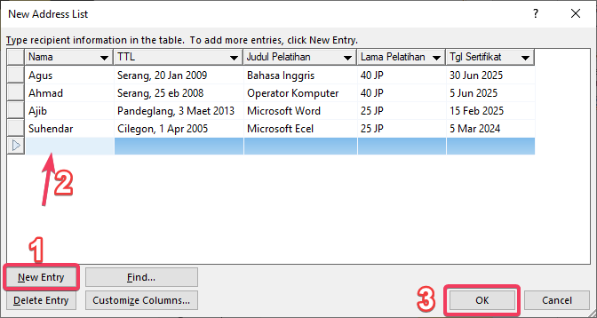 Membuat daftar data penerima di Word