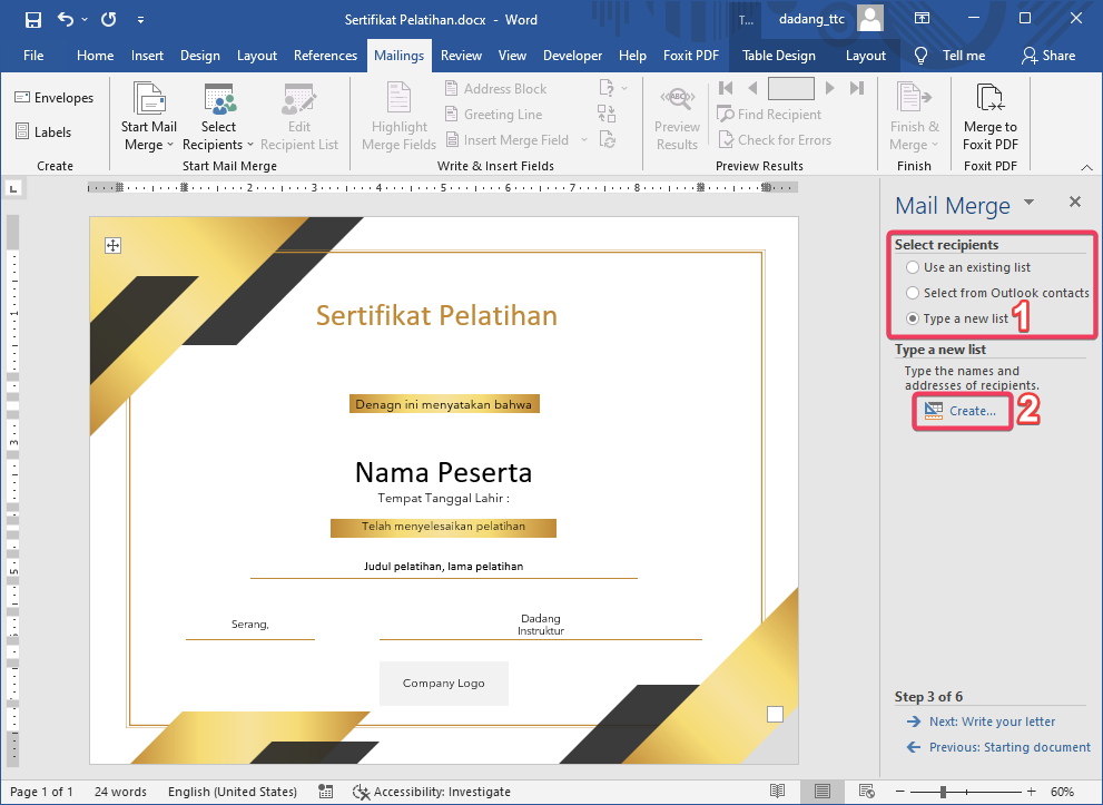 Membuat data penerima di database