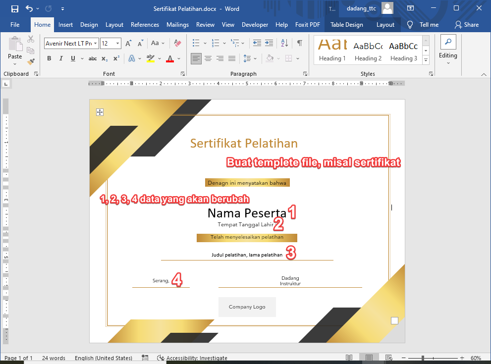 Template surat di Word untuk Mail Merge