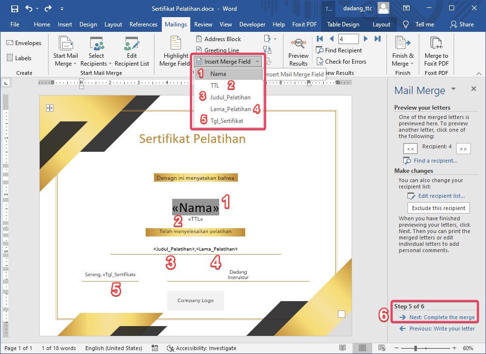 Menyisipkan field Mail Merge