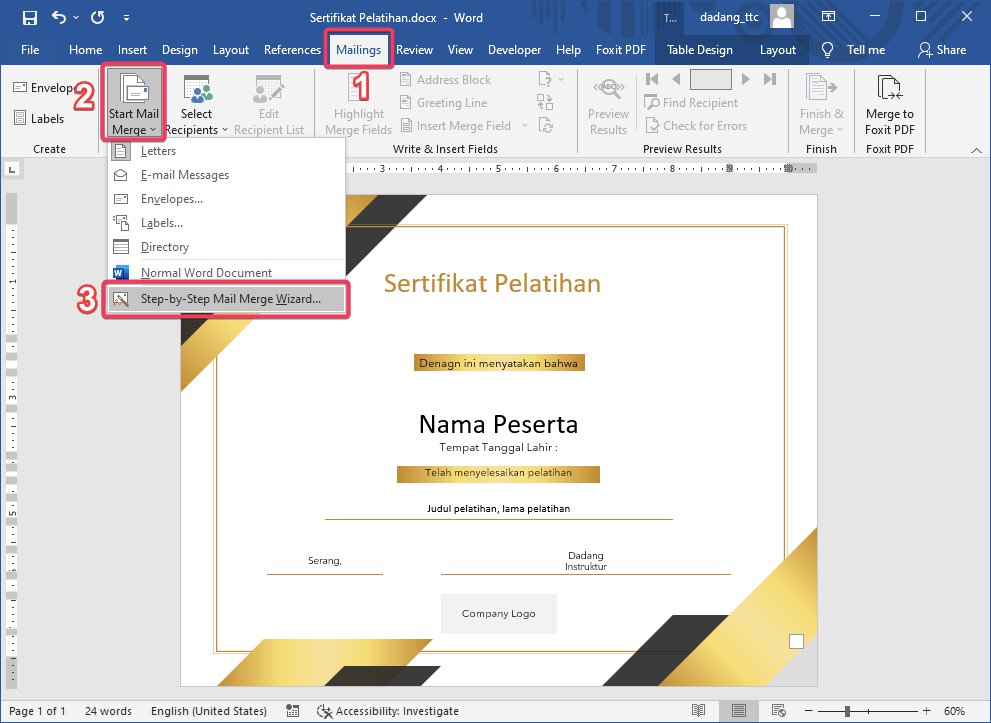 Tab Mailings di Word