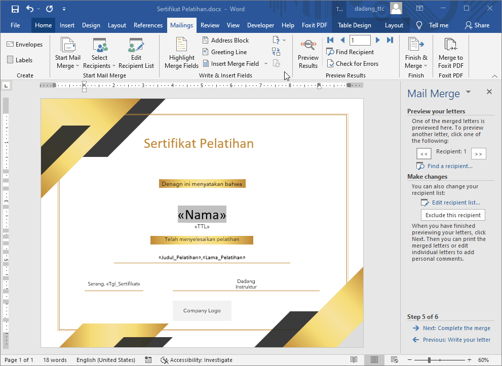 Hasil pratinjau Mail Merge