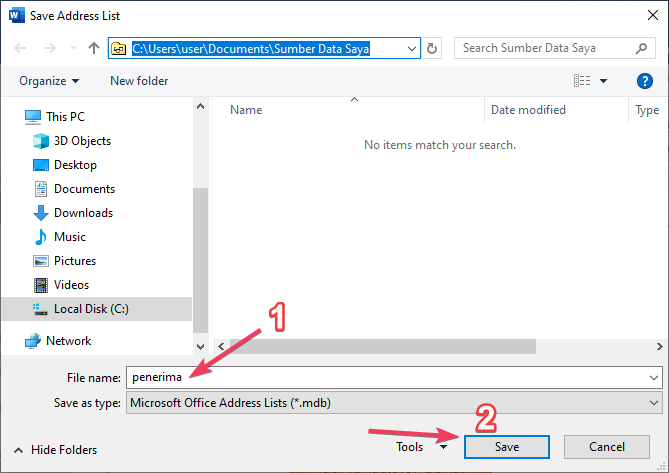 Menyimpan daftar data penerima di Word