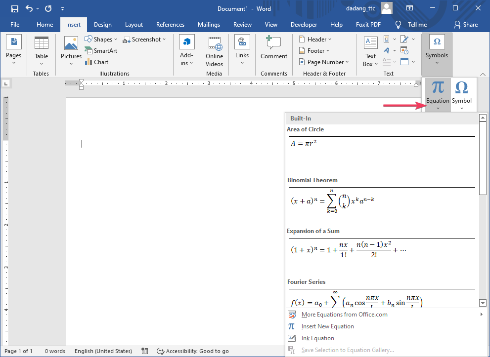 Menu Equation di tab Insert Word