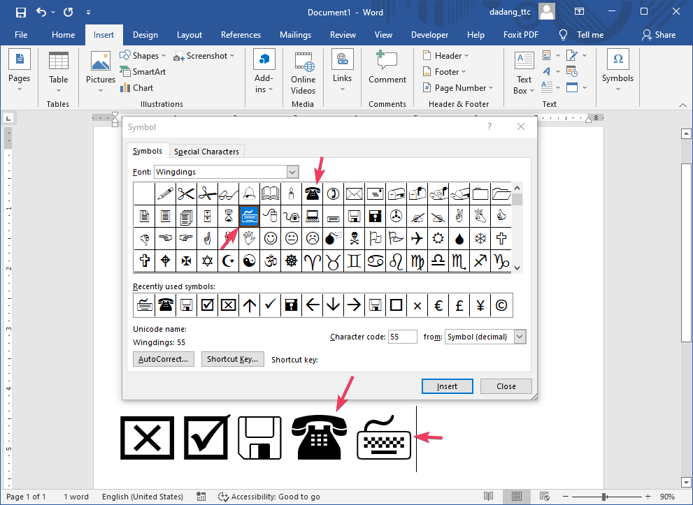 Simbol matematika disisipkan ke dokumen Word
