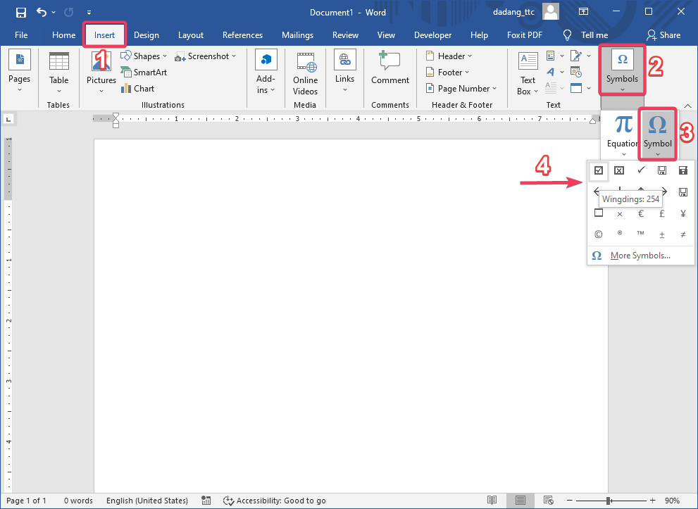Tab Insert dan menu Symbol di Word