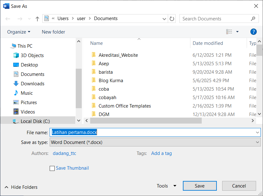 Masukkan nama dan format file