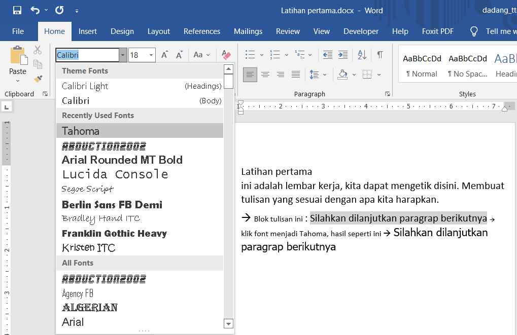 Mengubah jenis huruf di Word