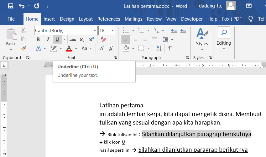 Tombol Underline di Word