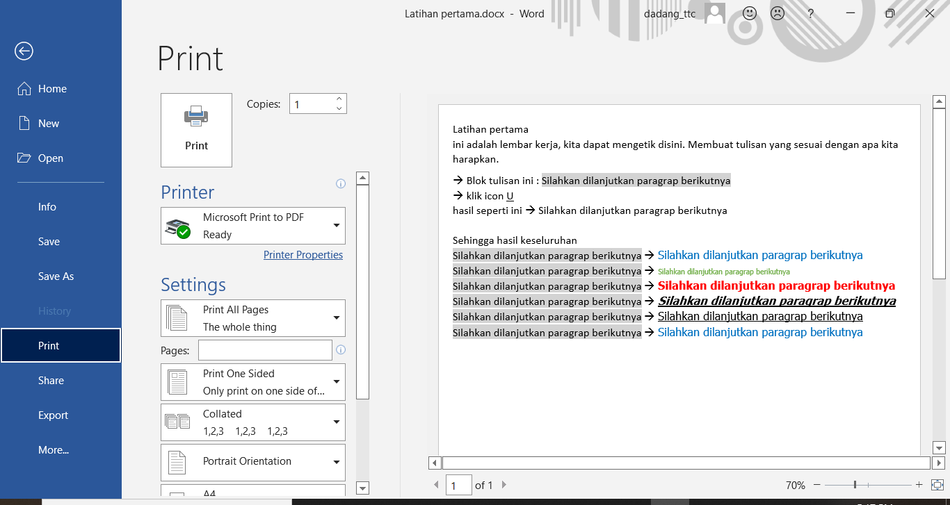 Preview hasil pengaturan halaman