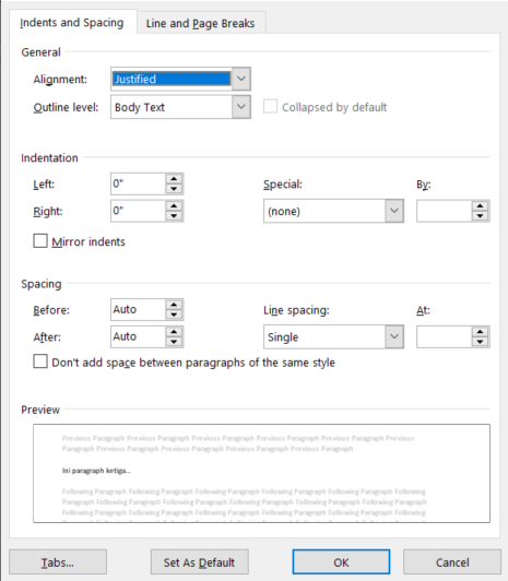 Pengaturan Indentasi di Paragraph Dialog Box
