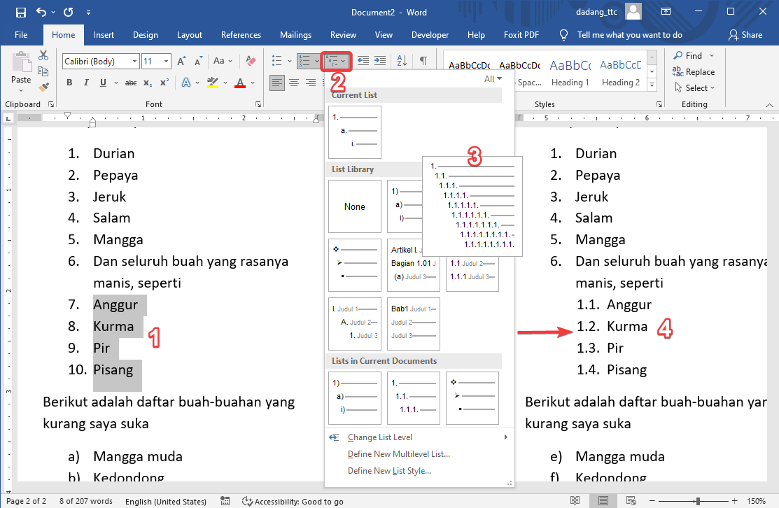 Contoh daftar bertingkat di Word