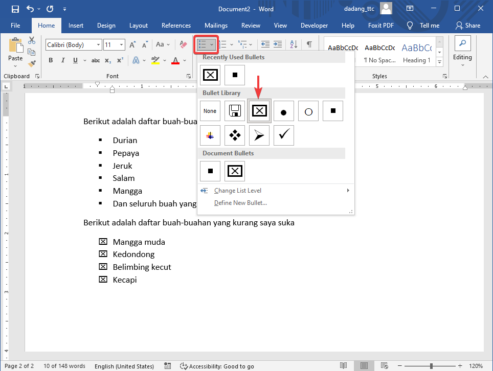 Contoh hasil bullet Word