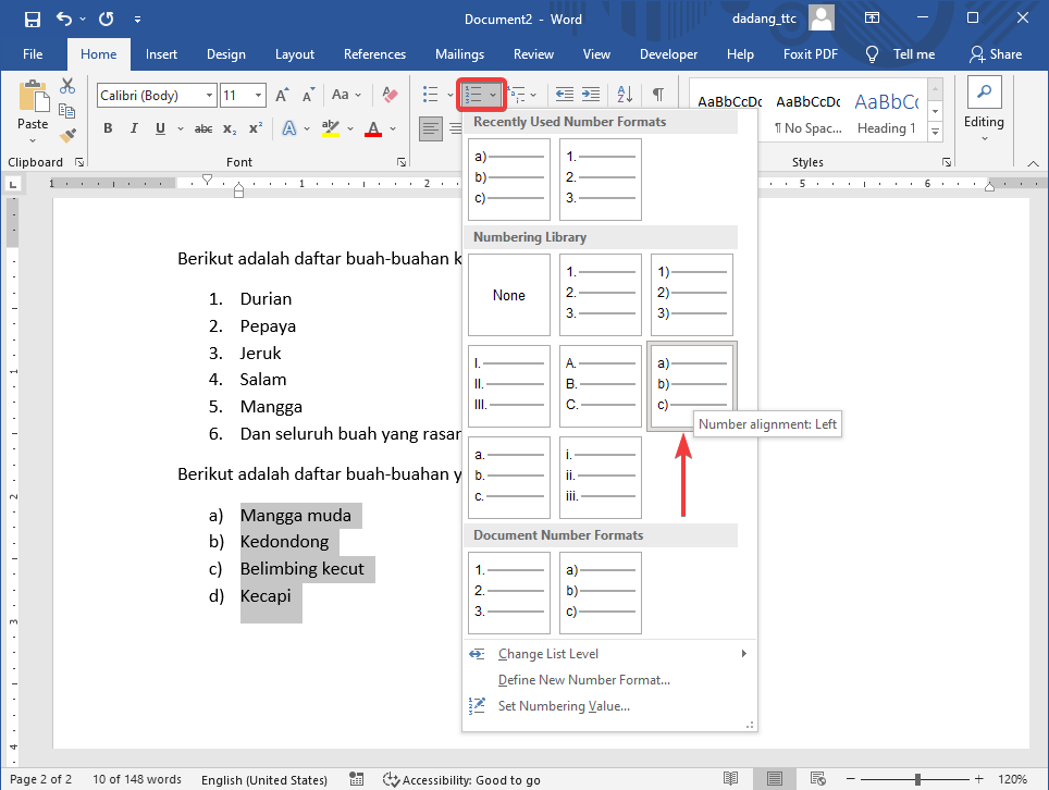 Contoh hasil numbering Word