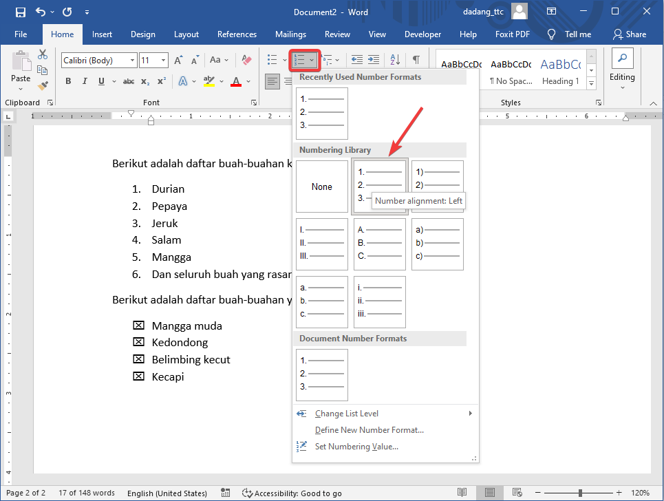 Ikon Numbering di Word