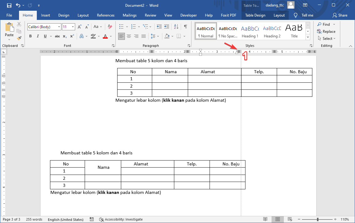 Atur lebar kolom tabel