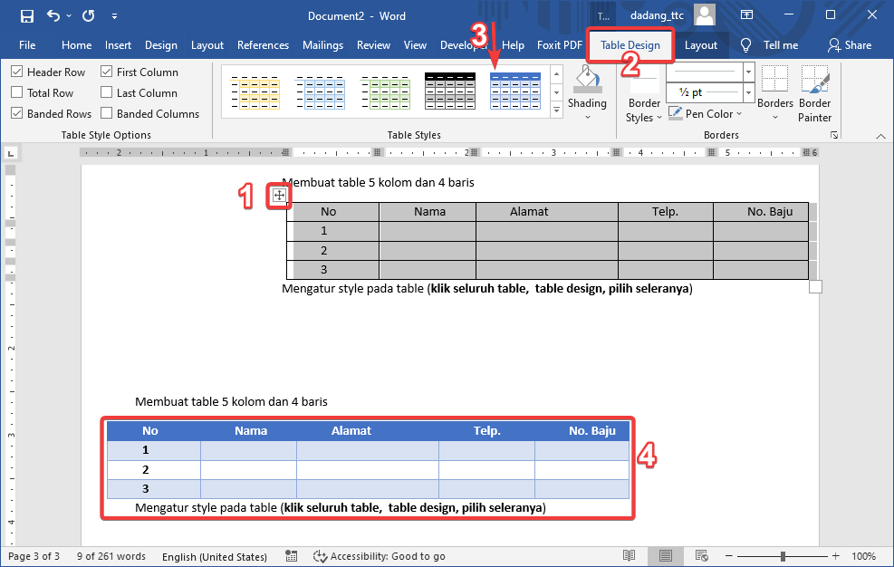 Menu Table Design di Word