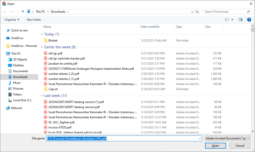 memilih dokumen f.01