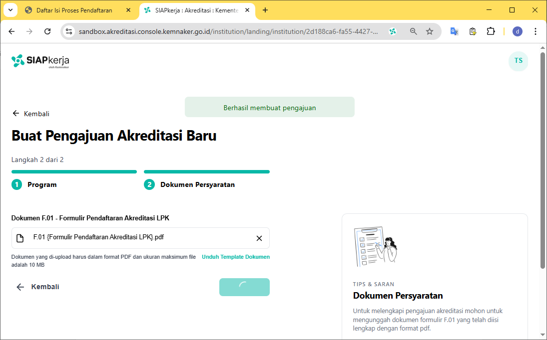 berhasil buat pengajuan