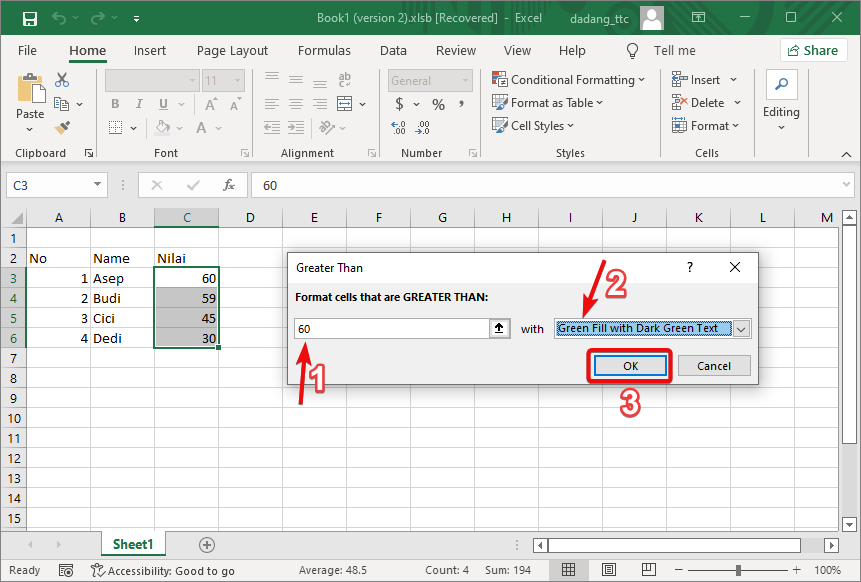 Greater Than menu in Excel