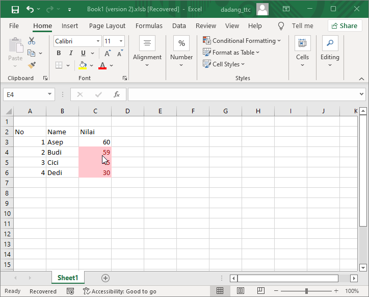 Final result of Conditional Formatting in Excel