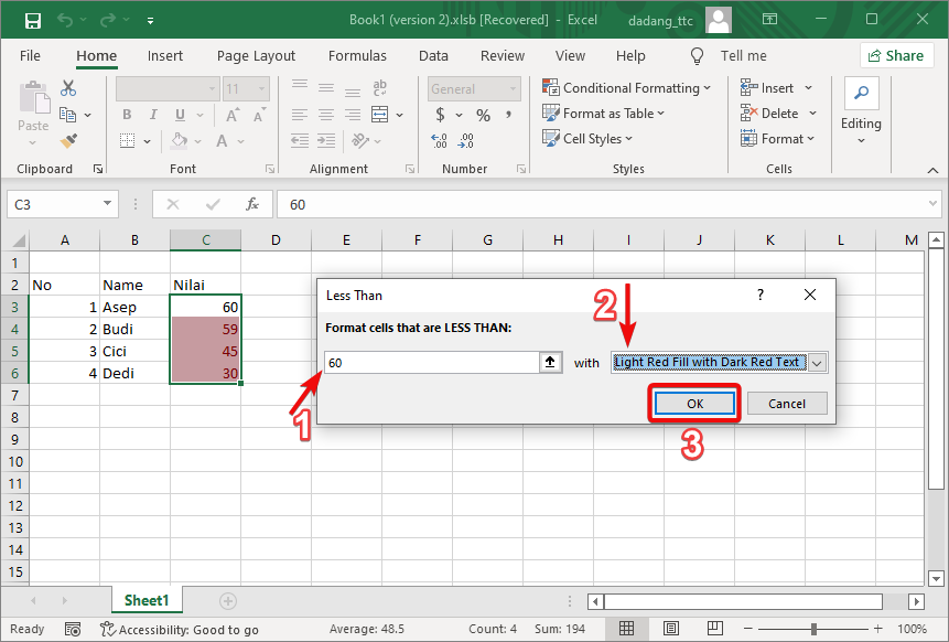Less Than menu in Excel