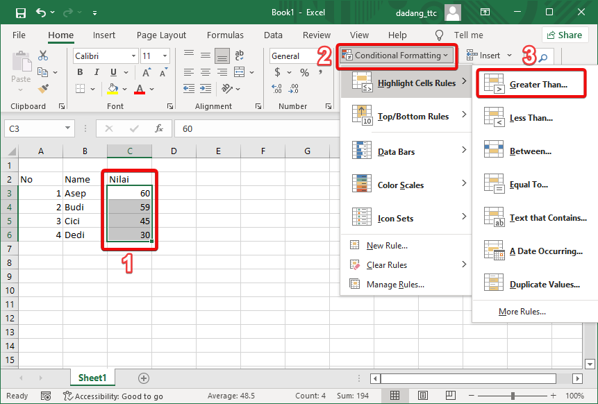 Block of student scores data in Excel