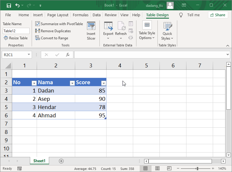 Example of filter shortcut