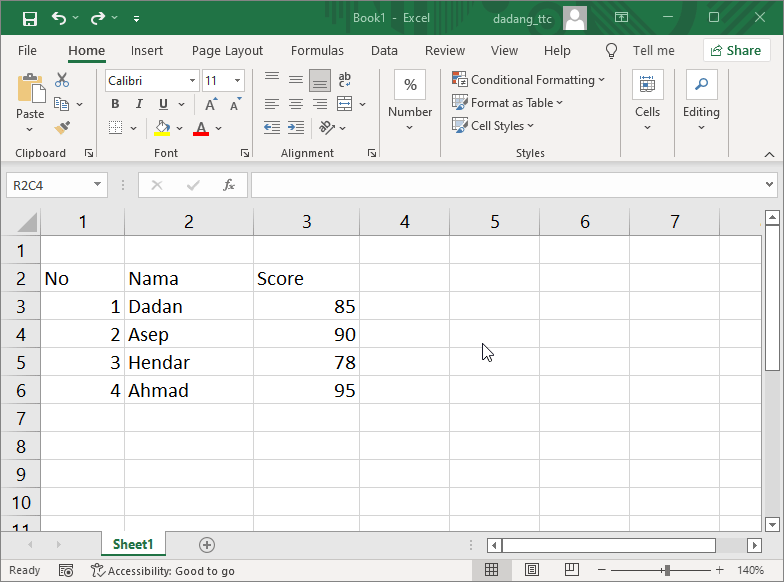 Example of Ctrl + T shortcut