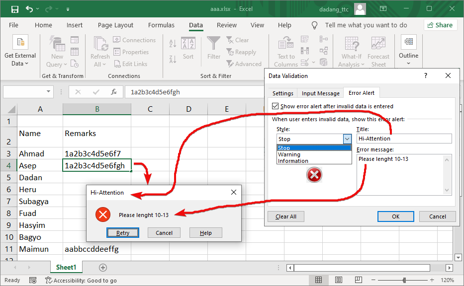 Excel error alert tab