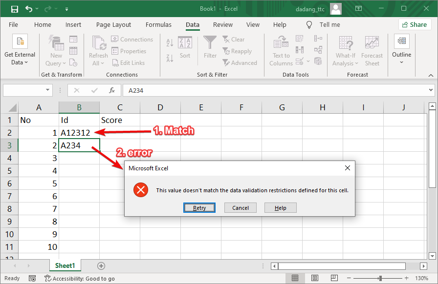 Pesan error Data Validation