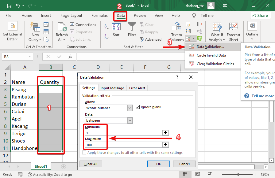 Excel whole number validation