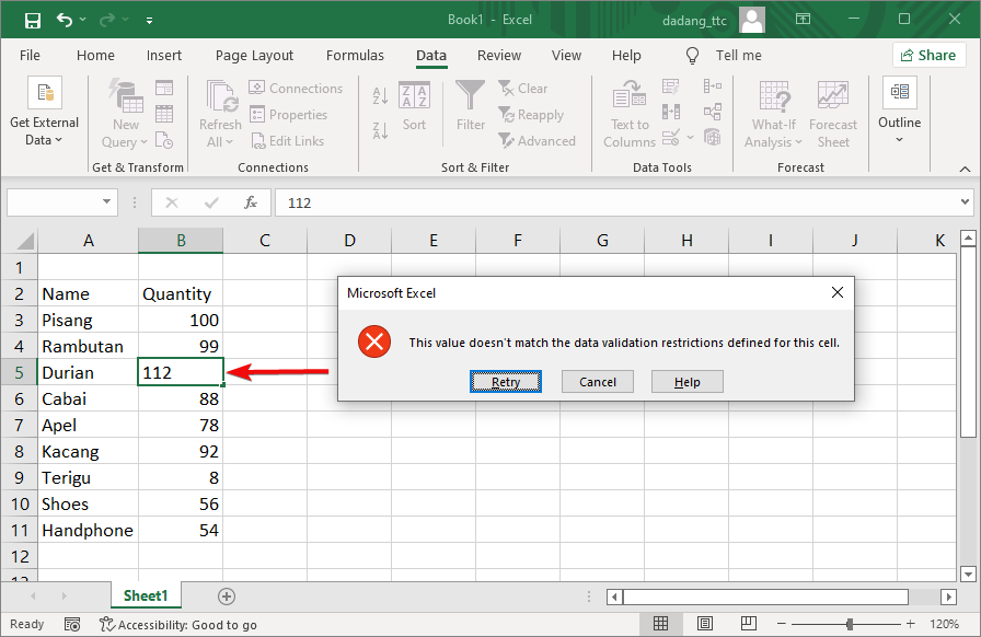 Validation result example