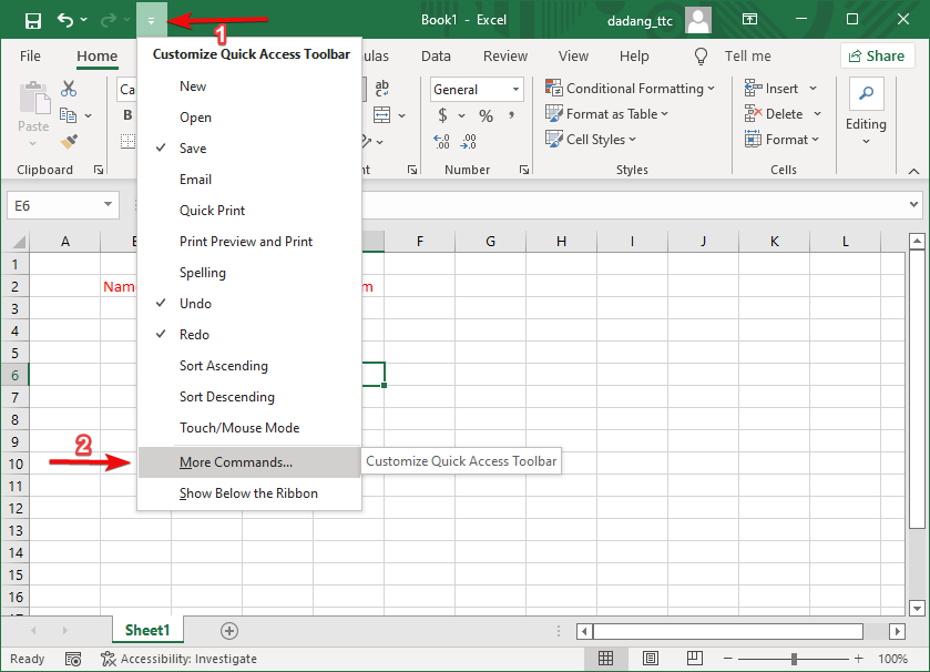 Open Menu Customize Excel