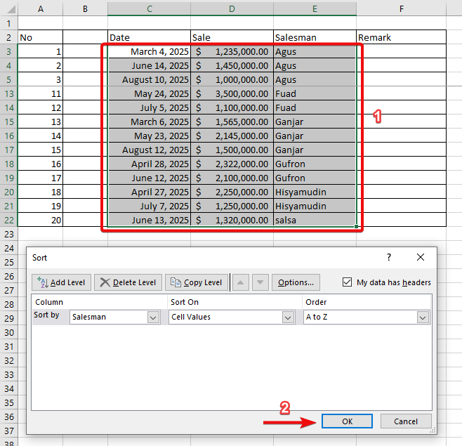 Sorted data in Excel for Group