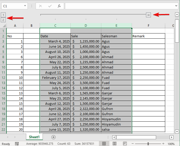 Data Menu in Excel for Group